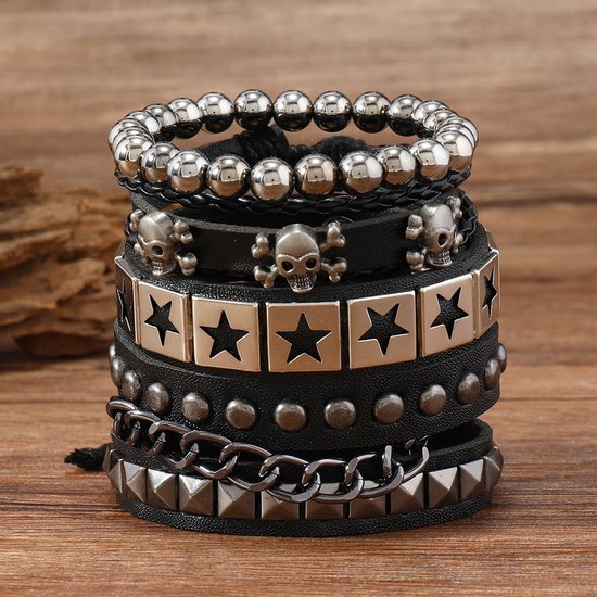 Vierdelige unisex punkarmbandenset, punk leren armbanden, zwarte gothic armbanden met studs, geschikt voor verkleedfeesten, rockconcerten en andere gelegenheden- Schedel