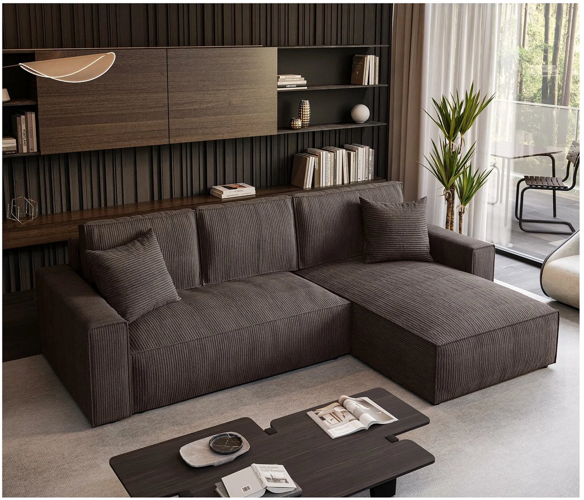 Hoekbank met slaapfunctie 290 × 185 × 86 cm – bruin ribstof hoekbank met opbergruimte, uit