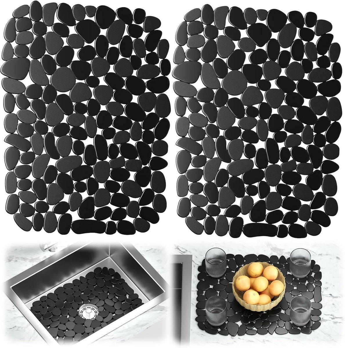 Gootsteenmat Set van 2 - Zwart, 40 x 30 cm, Antislip en Op Maat te Snijden