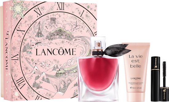 Lancôme La Vie est Belle Elixir geschenkdoos met roze klokkenprint, parfum 50ml, bodylotion 50ml en mini mascara.