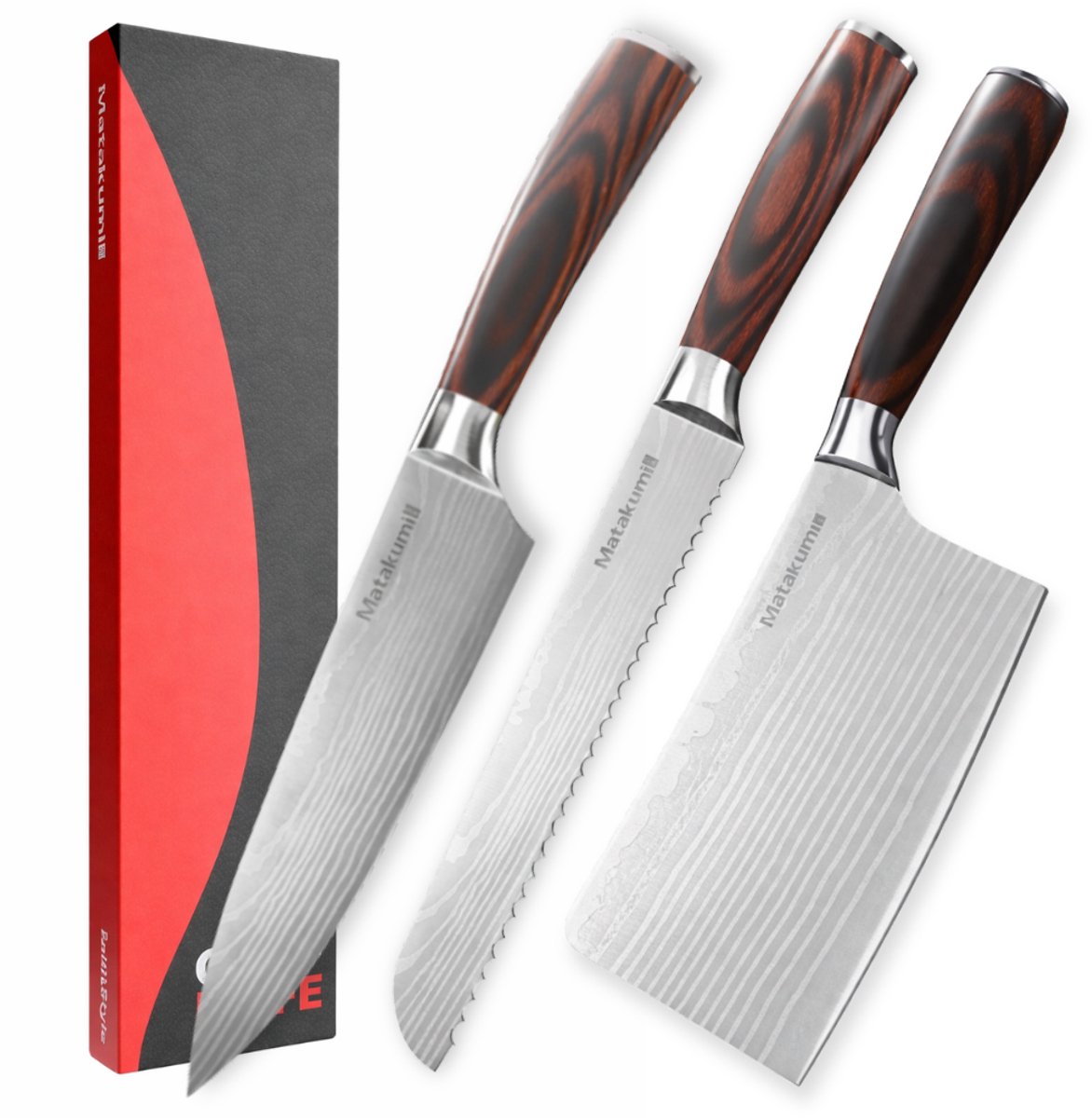 Matakumi 3-Delige Messenset Japanse Damascus Stijl - Messenset Damascus Print - Japanse Keukenmessen - Perfect Voor Hobbykoks en de Professionele Keuken