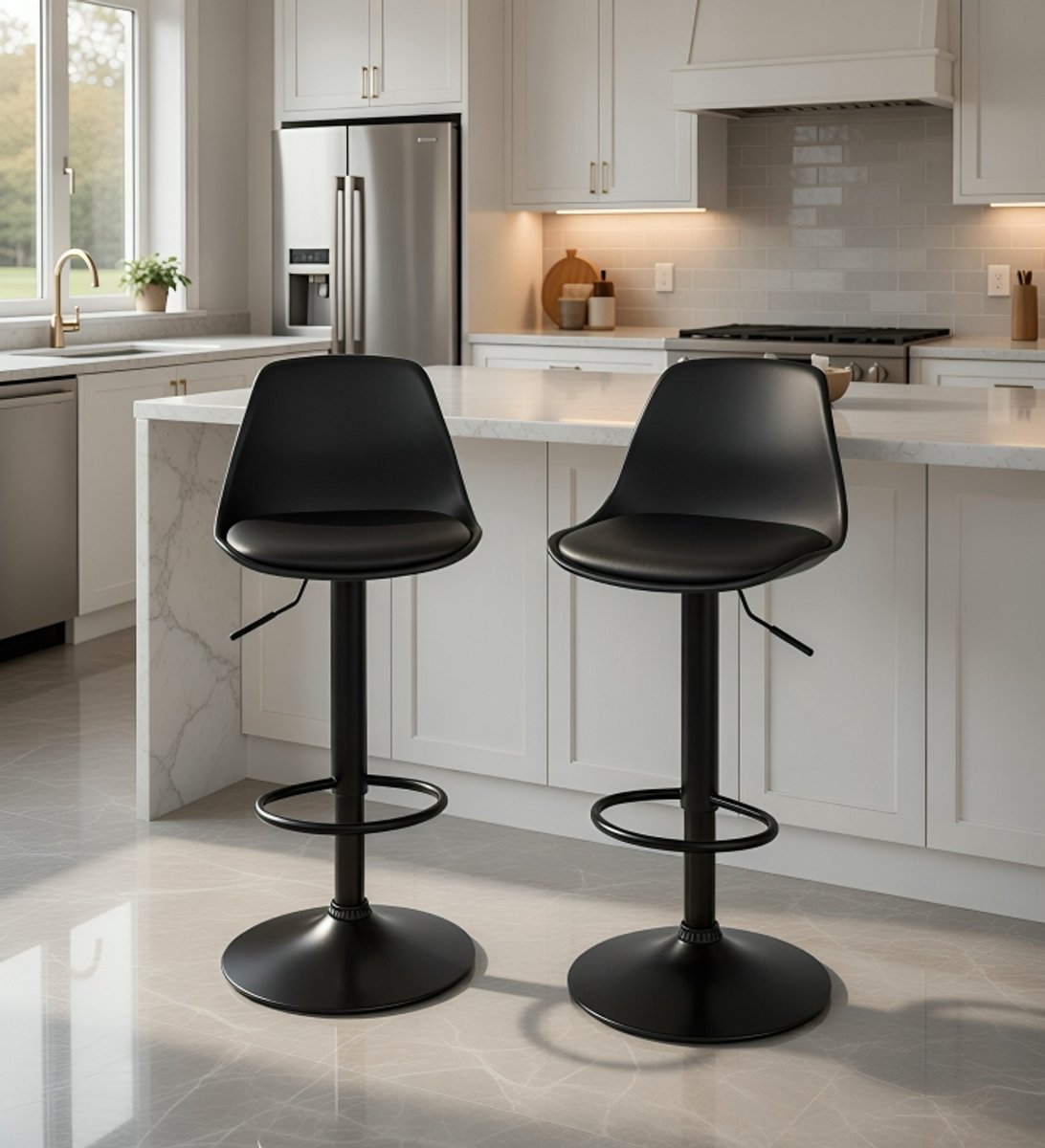 Luxe Draaibare Barkrukken Set van 2 – Casa Serena Barstoelen Hoogte Verstelbaar, 360° Rotatie, Zwart Faux Leer, Comfortabele Stoelen voor Keuken, Bar, Bistro en Woonkamer Casa Serena – Afmetingen o...