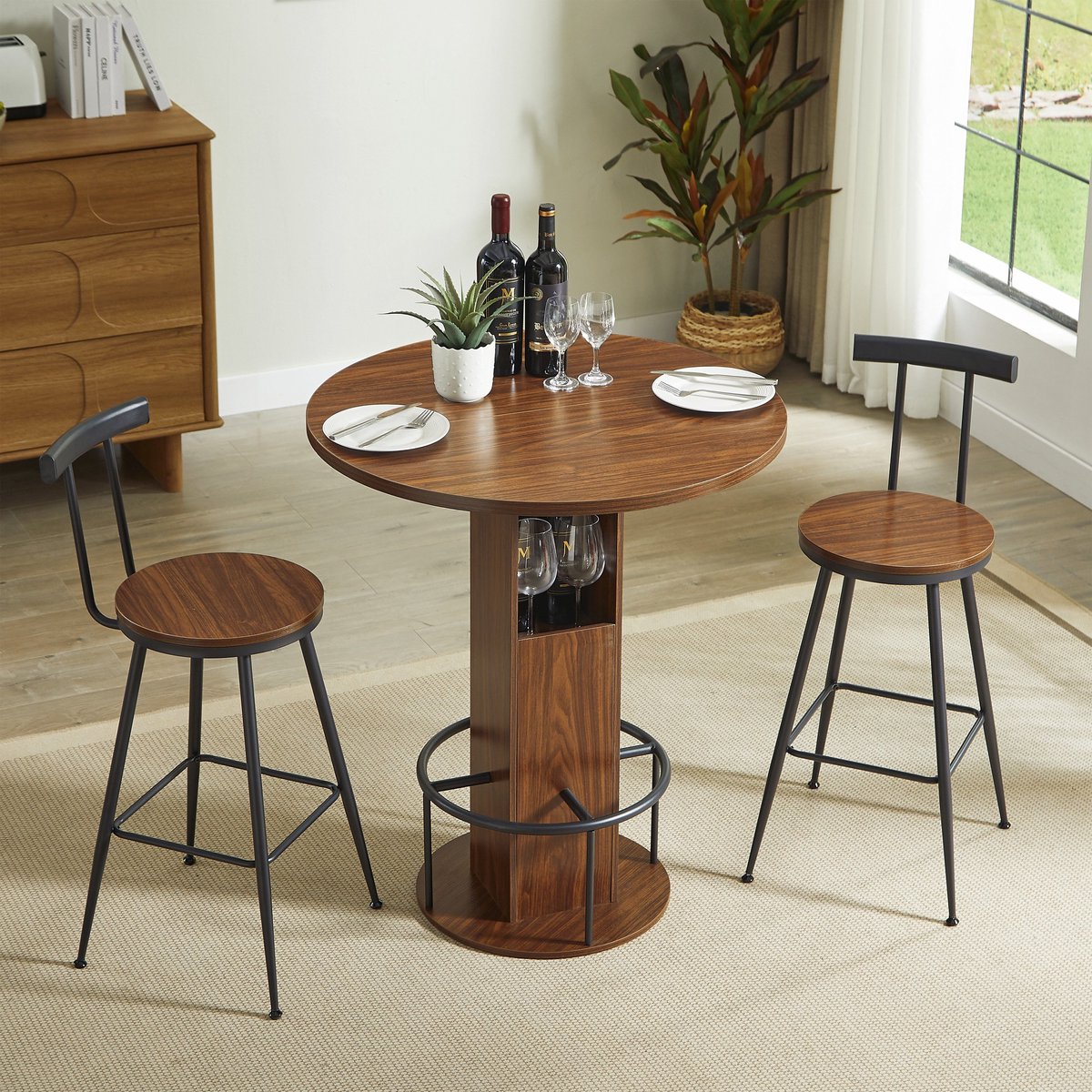 PHOEBE CAT Set tafel en stoelen - Tafel + 2 stoelen - Houten tafelblad - Metalen frame - Bruin