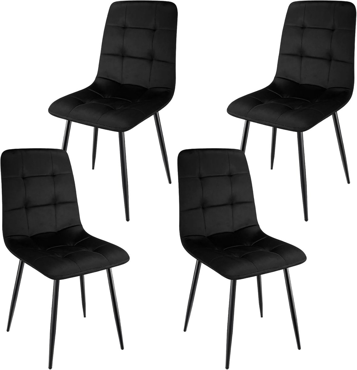 Set van 4 Hoge Rug Eetkamerstoelen - Gestoffeerd Design met Metalen Voeten - Zwart
