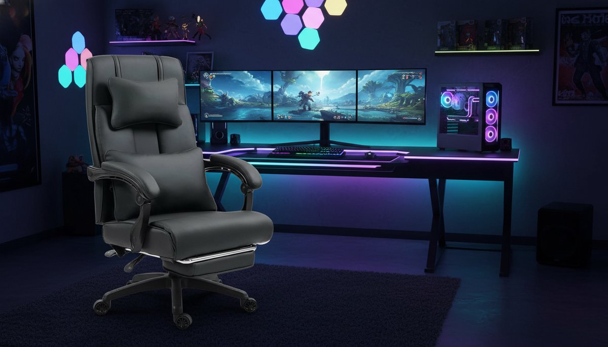 Directiestoel Casa Velluto ExecutiveComfort – Ergonomische Bureaustoel Met Hoofdsteun, Verstelbare Lendensteun, Voetsteun, Hoge Rugleuning, Kunstleren Bekleding, Draaistoel Voor Kantoor, Thuis, Gaming – Zwart