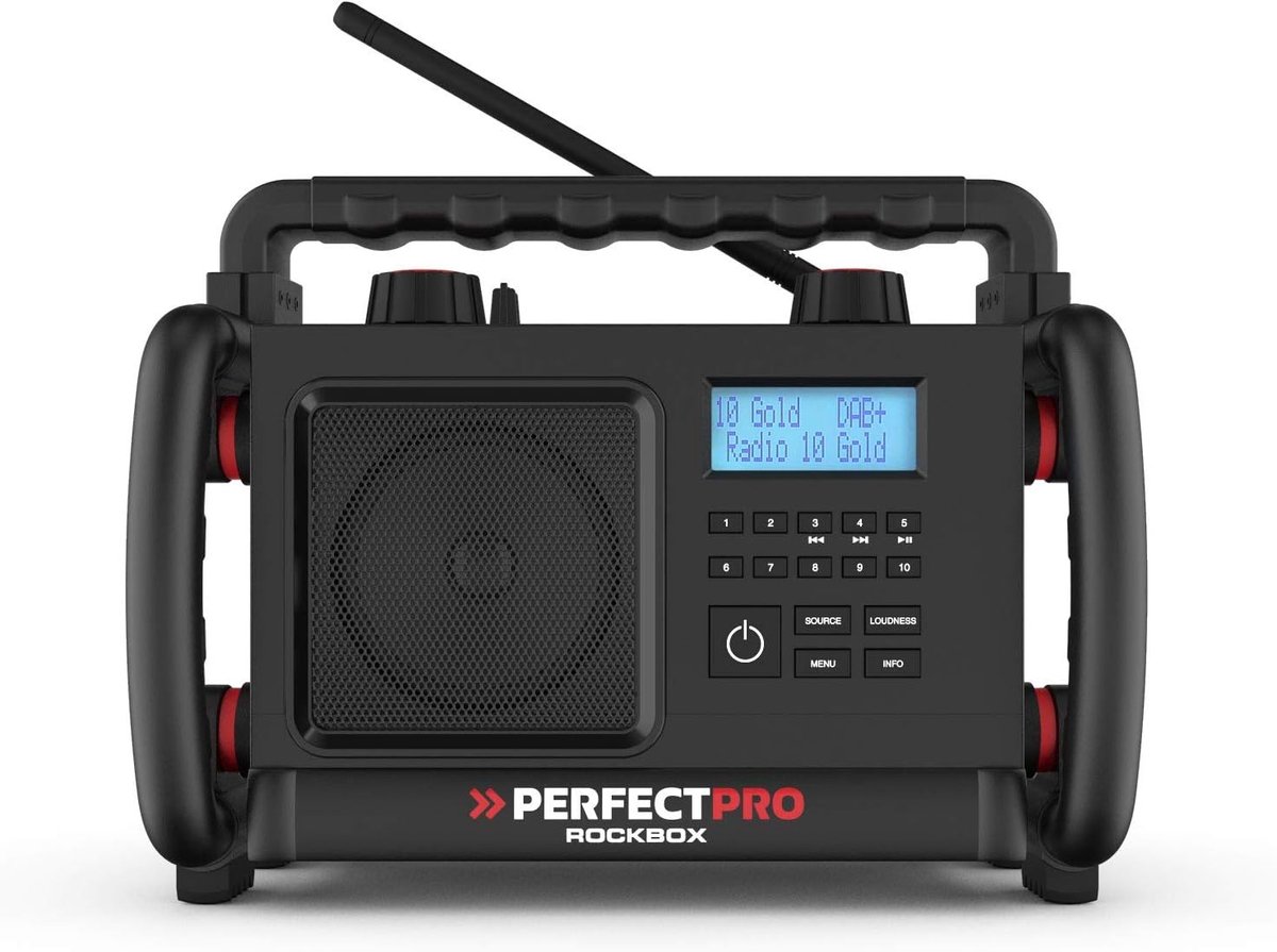 Bouwplaatsradio DAB+, FM-ontvangst, Bluetooth, AUX-ingang, Oplaadbaar, Schokbestendig, IP65