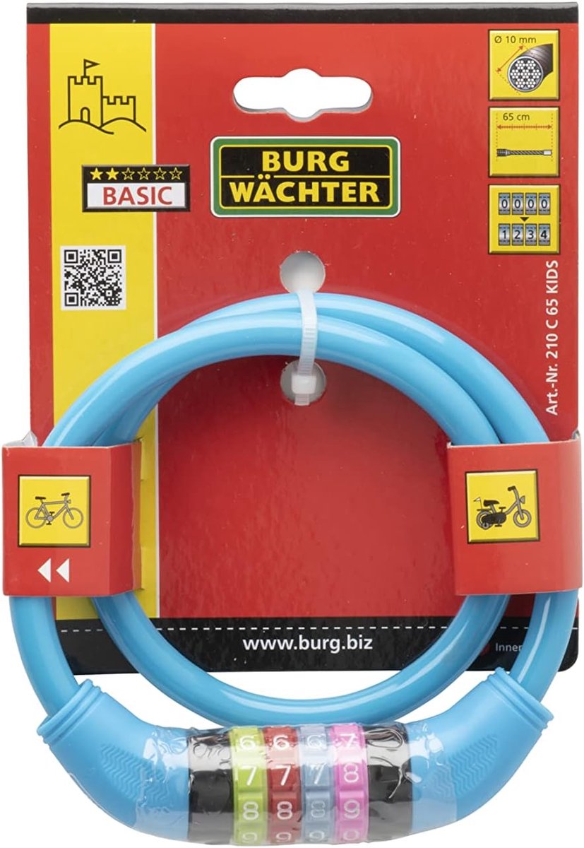 Combinatie Fietsslot voor Kinderen - 10mm x 65cm - Veilig en Kindvriendelijk in Diverse Kleuren