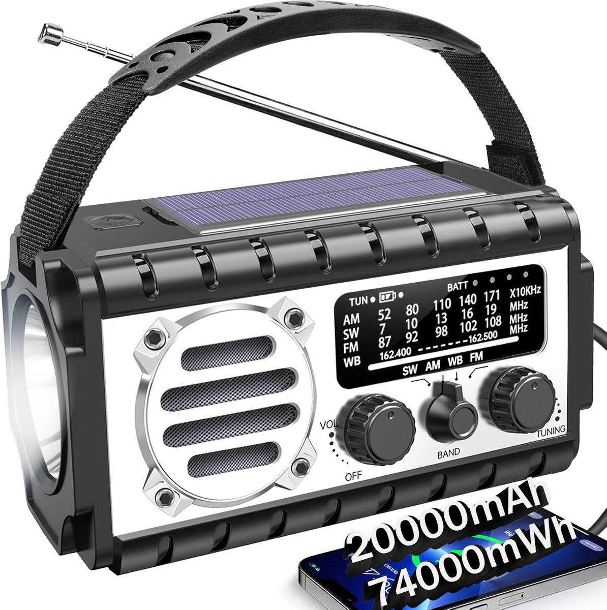 Noodradio met 20000 mAh en Zonne-Handslinger - AM/FM/NOAA/SW Weer Radio met Zaklamp, SOS-Alarmsysteem en Telefoonoplader voor Noodgevallen