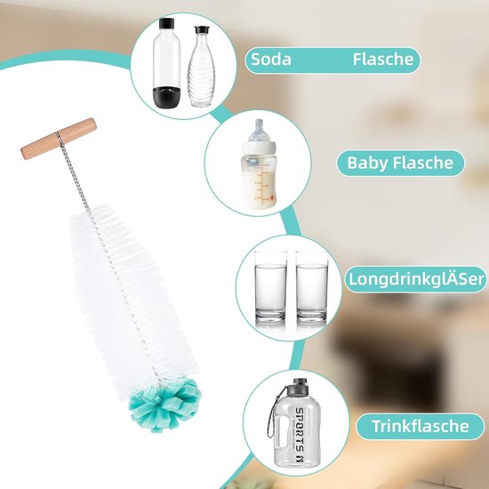 Flessenborstel Set voor Glazen en Kunststof Flessen - 3 Stuks, 32 cm Reinigingsborstel met Zachte Spons voor Baby- en Drinkflessen — afbeelding 2