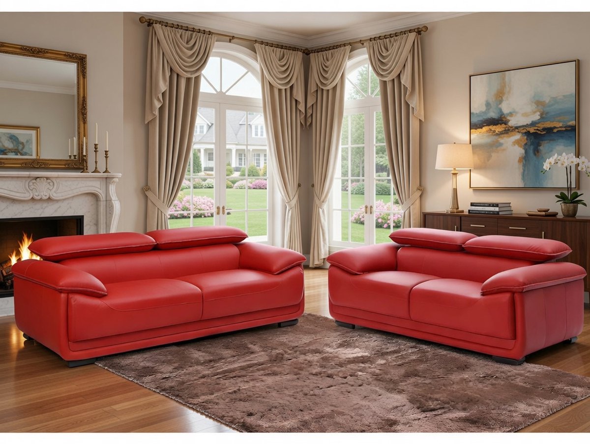 Driezitsbank 204 × 97 × 75 cm – Luxe Leren Bank met Verstelbare Hoofdsteunen en Houten Poten – Moderne 3-Zits Bank van Echt Leer – rood – Milano Comfort – Bellavero