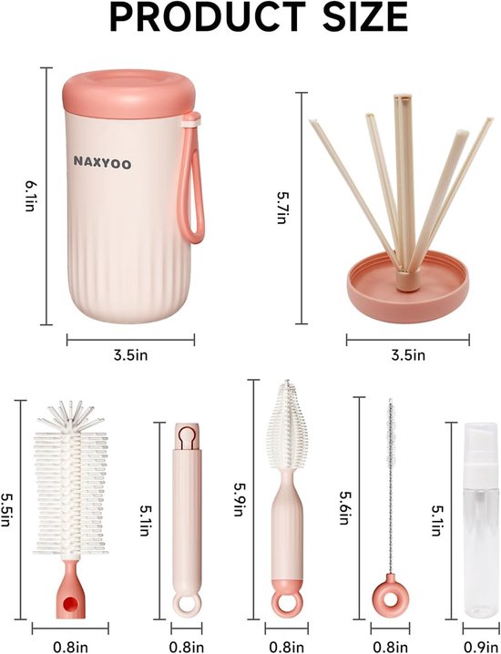 Flessenborstel Set met Droogrek en Snel Droogfunctie - Perfect voor Flessen, Spenen en Rietjes, Handig voor Reizen, Roze — afbeelding 3