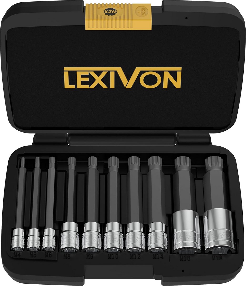 Triple Square Spline Bit Socket Set - Extra Lange 10-Inch | 10-delige Europese Maten M4 - M18 | Premium S2 Staal met Opbergkoffer