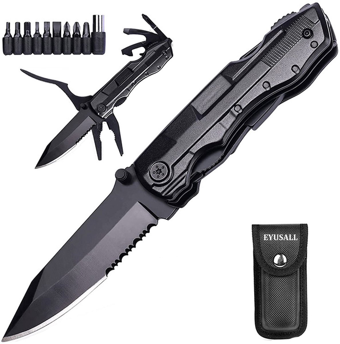 EYUSALL 9‑in‑1 Multitool Zakmes - Vouwbaar - Met Tang & Vervangbare Koppen- Geschikt voor Outdoor & Camping
