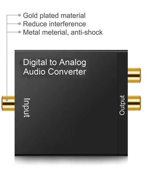 Zwarte digitale naar analoge audioconverter met 'Input' en 'Output' aanduiding en gouden connectoren.