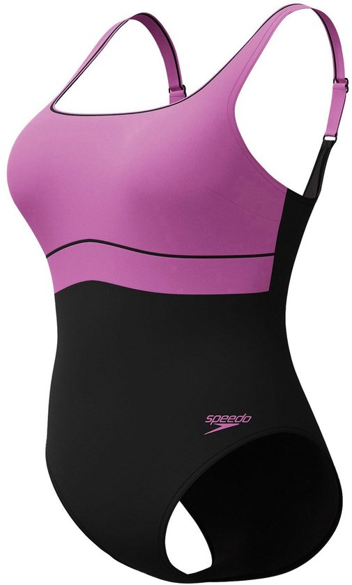 Zwart badpak met een paarse top en een zwarte onderkant. Verstelbare bandjes en een Speedo logo.