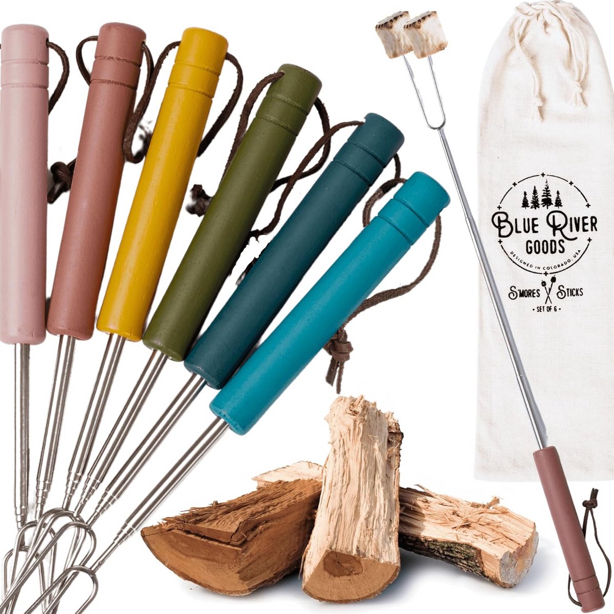 Set van 6 Telescopische Smores Stokken met Houten Handvatten voor Vuurplaats