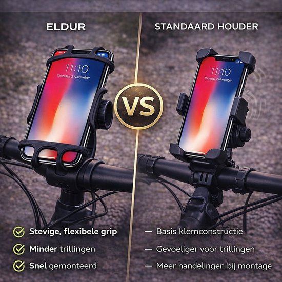 Vergelijking tussen Eldur telefoonhouder en een standaard houder, met voordelen van Eldur.