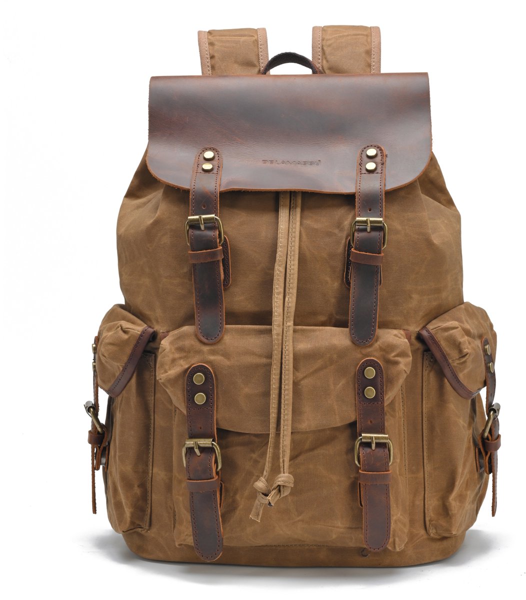 DE LAMASSU® Vintage Canvas Rugzak 16 inch Laptop – 24L – Waterafstotend – Echt Leer – 33x15,5x47 cm – Unisex Werk & Reizen