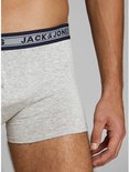 Grijze Jack & Jones boxershort met donkerblauwe en grijze logo-elastische band, detail.