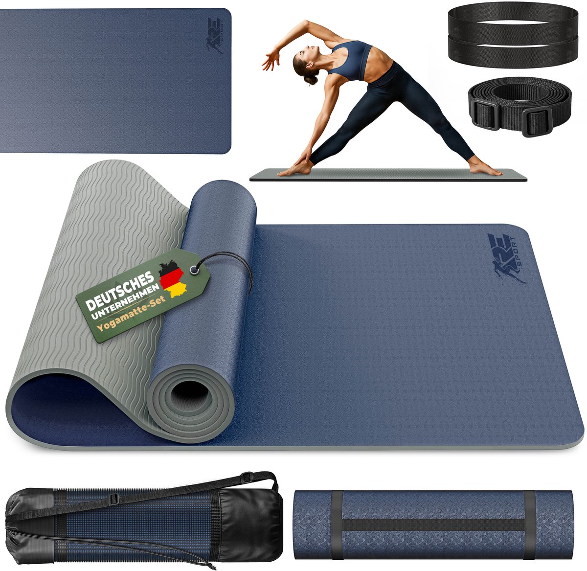 RE:Sport Yogamat, ftalaatvrij, gymnastiekmat, antislip, fitnessmat, vrij van schadelijke stoffen, trainingsmat met draagriem, 183 x 61 x 0,6 cm