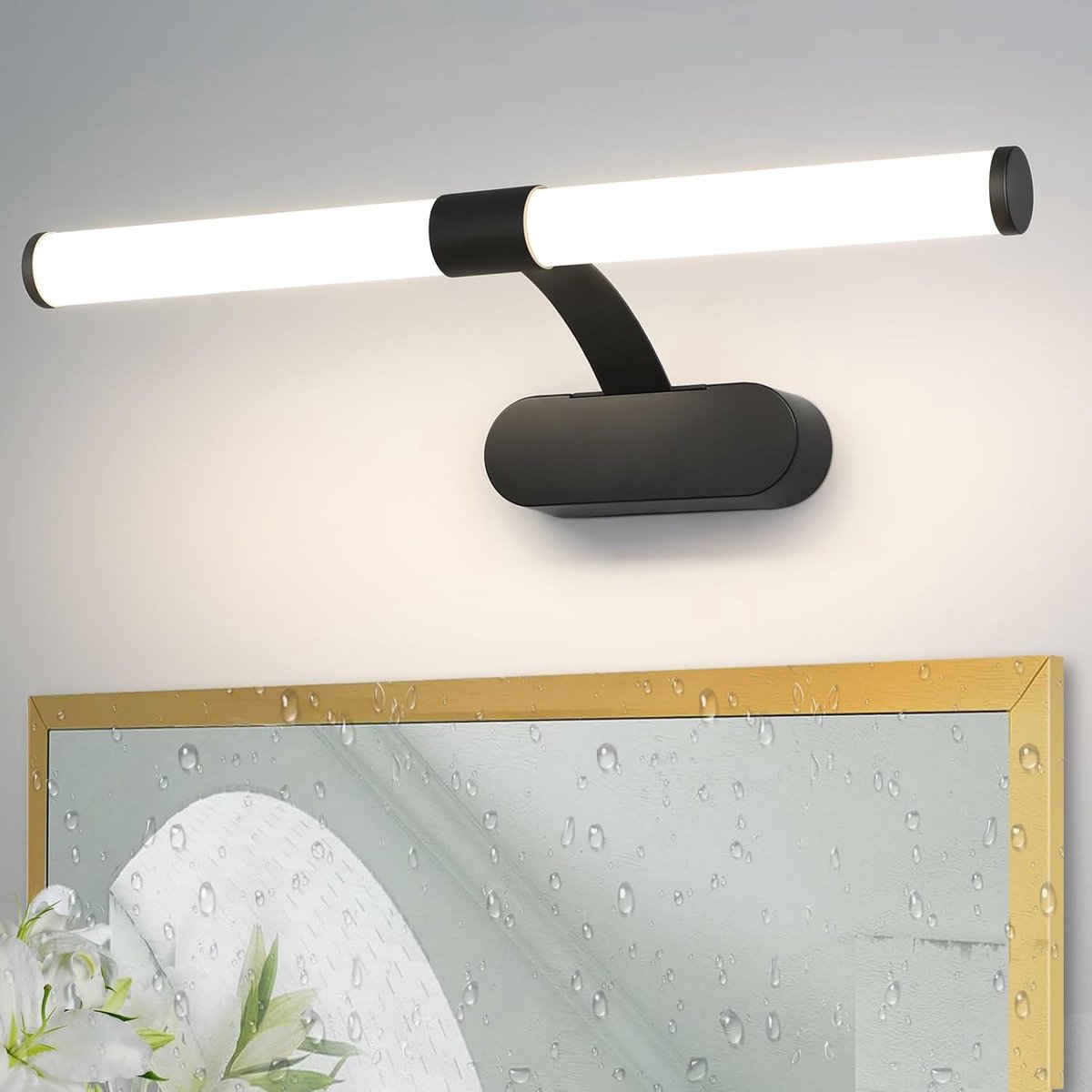 Glitzerlife LED Spiegellamp Badkamer - 6W - IP44 Waterdicht - Wandlamp Spiegelverlichting - Neutraal Wit 4000K - 650lm - Ø40cm - Zwart Aluminium Zwart 40cm