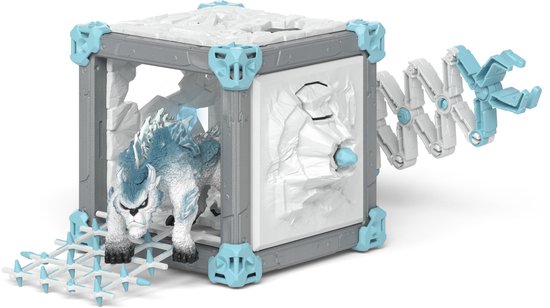 Grijze en blauwe monsterfiguur in een kooi met een mechanisme, wit met blauwe accenten.