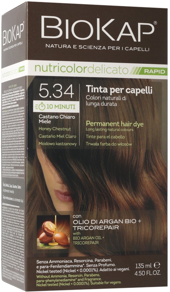 BIOKAP RAPID Permanent Hair Colour 5.34 Honey Chestnut Brown 10 Minutes Reaction Time Organic Argan Oil TricoREPAIR Complex Vegan Optimal Grey Coverage Up to 80% Natural Ingredients
