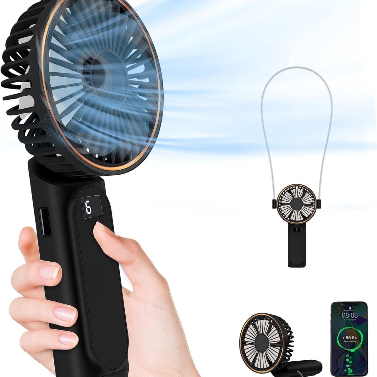 ATXANC Draagbare handventilator – 6 snelheidsstanden – Oplaadbaar – Opvouwbaar – Mini ventilator – Zwart