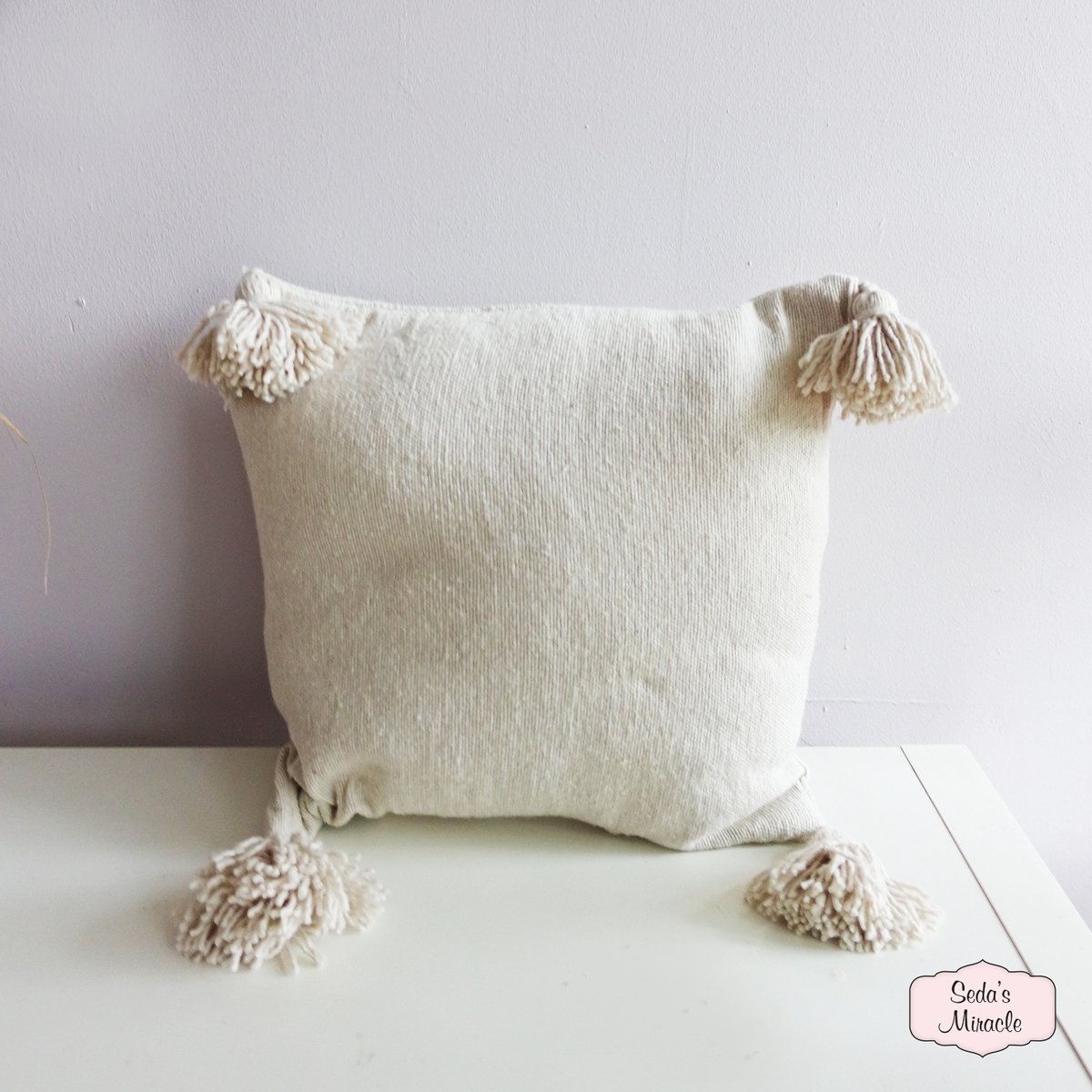 Marokkaans Berber pompom kussen, creme