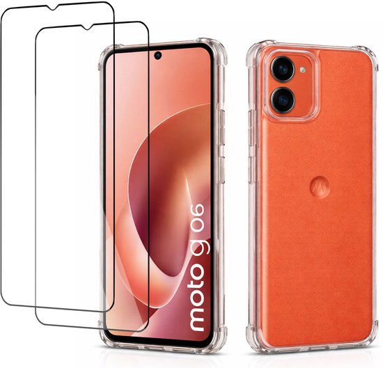 Coques transparentes et deux protecteurs d'écran en verre trempé, à côté d'un téléphone Moto G06 à dos orange.