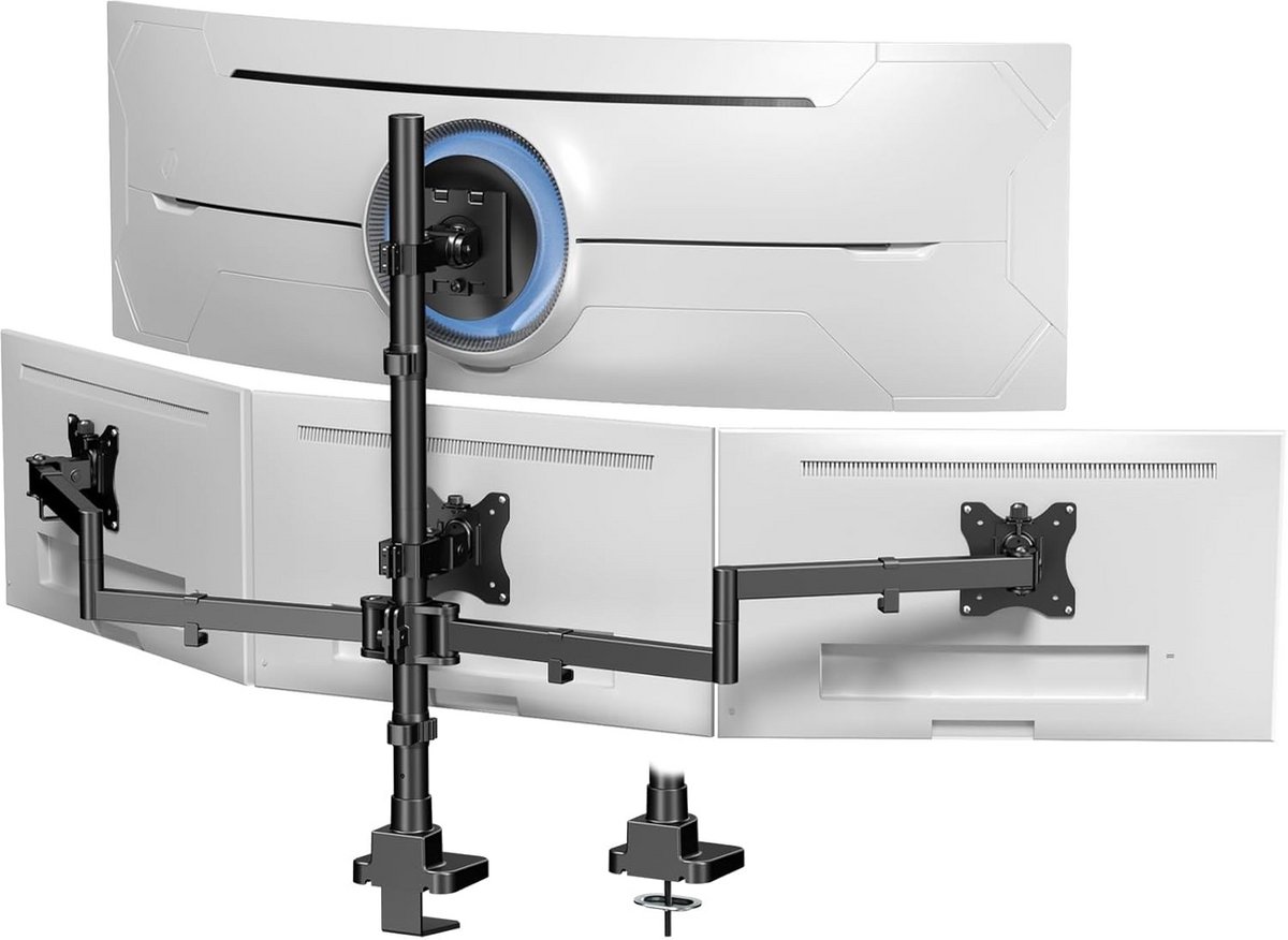 Monitorhouder voor 4 Schermen: Ultrawide 49 inch + 3x 27 inch, In Hoogte Verstelbaar, Zwart