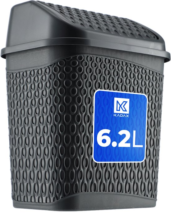 Poubelle grise avec couvercle, motif en relief et logo KADAX bleu 6.2L.