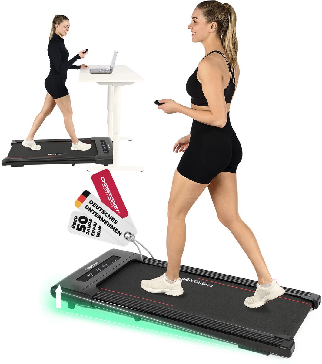 Christopeit Walking Pad 4.1 – ultradunne loopband (11 cm), tot 6 km/u, 7 programma's, LED-display, afstandsbediening, Bluetooth, hartslagmeting, compatibel met Kinomap/Zwift/Fithome, tot 120 kg, ruimtebesparend