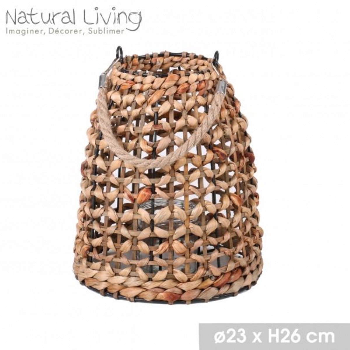 "NATURAL LIVING" Lantaarn Mya in waterhyacint met glazen kaarshouder Ø23 x H26 cm