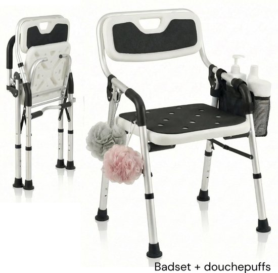 BY JRM® Inklapbare Douchestoel - Douchekruk - Incl. badset, douche puff, douchekophouder - Met Armleuning - Hoogte Verstelbaar - Antislip - Zwart