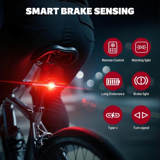 400mAh Fiets Achterlicht - 270° Zichtbaarheid met Knipperlichten & Afstandsbediening - Remdetectie - USB-C - 7 Standen - Waterdicht — afbeelding 5