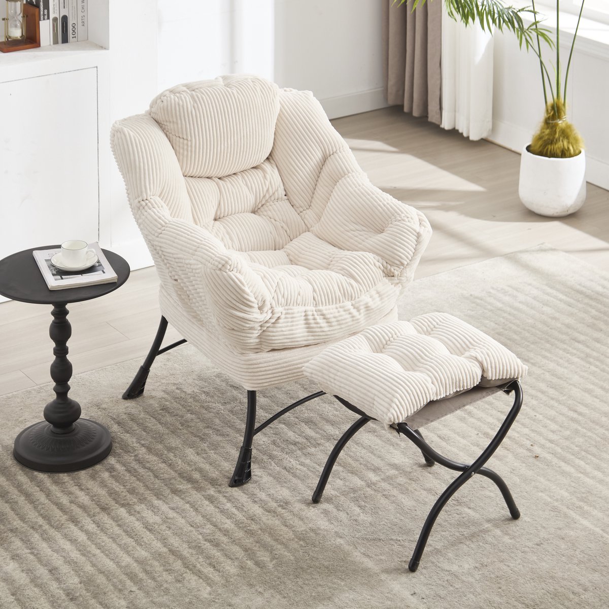 HAUSS SPOLE Fauteuil Met Voetenbank - Loungestoel Met Armleuningen En Zijvak - Relaxstoel Voor Woonkamer En Slaapkamer - Staal Wit