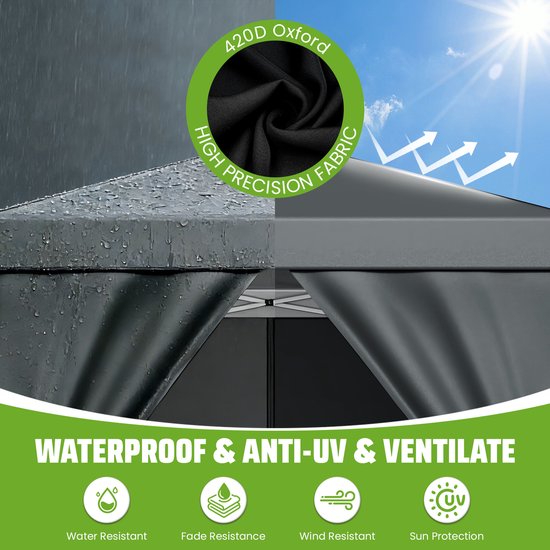 Soontrans - 3x3m Partytent - Tuinpaviljoen Met zandzakken - Opvouwbaar Gazebo Paviljoen - 420D Oxford Waterdicht - UV-bescherming 50+ - Prieel In hoogte verstelbaar - Met 4 zijwanden - Draagtas - Antraciet