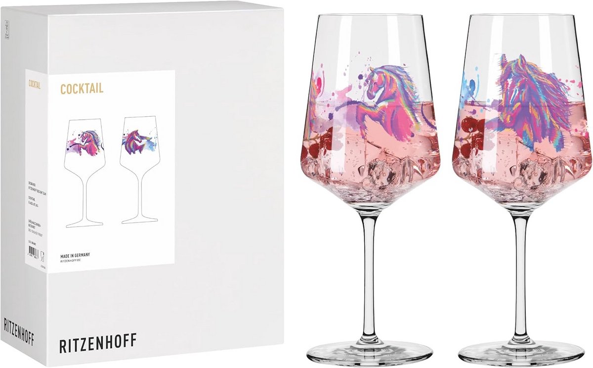 Set van 2 Cocktailglazen 500 ml met Paardenmotief Blauw/Roze - Duits Kwaliteitsglas