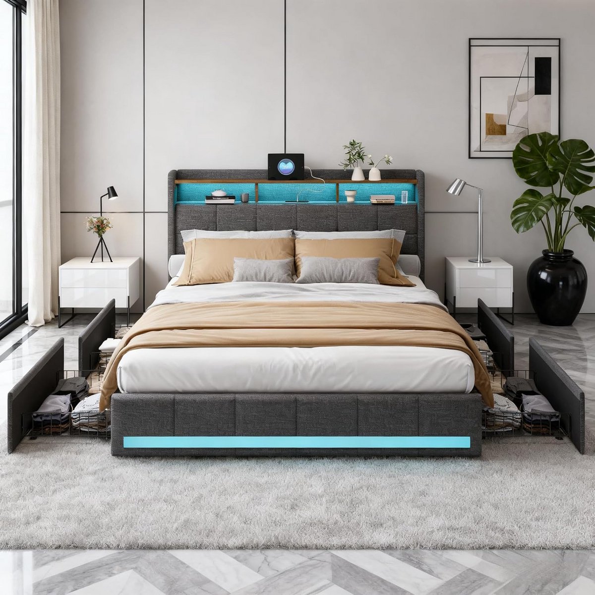 Luxe Twijfelaar Bed 140x200 cm Grijs met Lattenbodem en Vier Opberglades