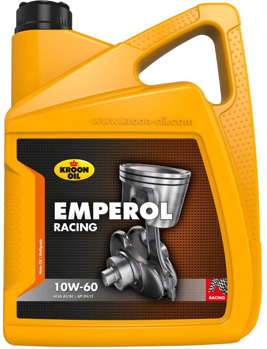 Oranje kan met een label met 'Kroon Oil EMPEROL RACING 10W-60'.