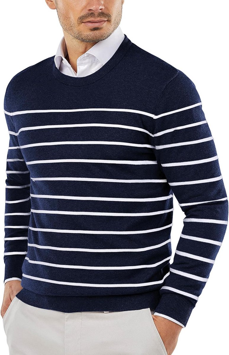 Heren trui met ronde hals slim fit licht gebreid van katoen
