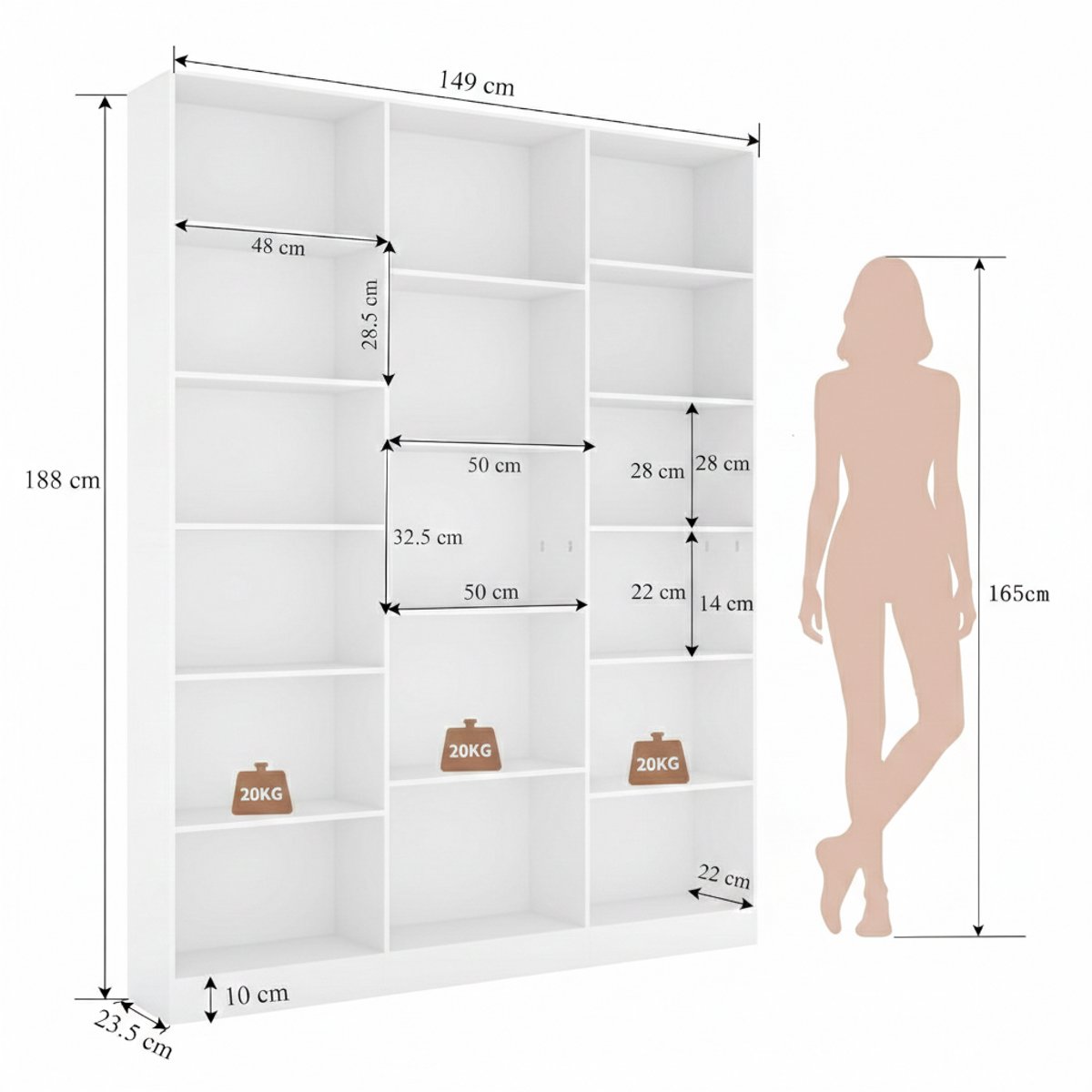 Boekenkast 17 Vakken Wit 188 cm – Casa Velluto Linea Grande Opbergrek – Moderne Hoge Boekenkast 149 x 23,5 x 188 cm – Smalle Wandkast voor Woonkamer, Kantoor en Slaapkamer