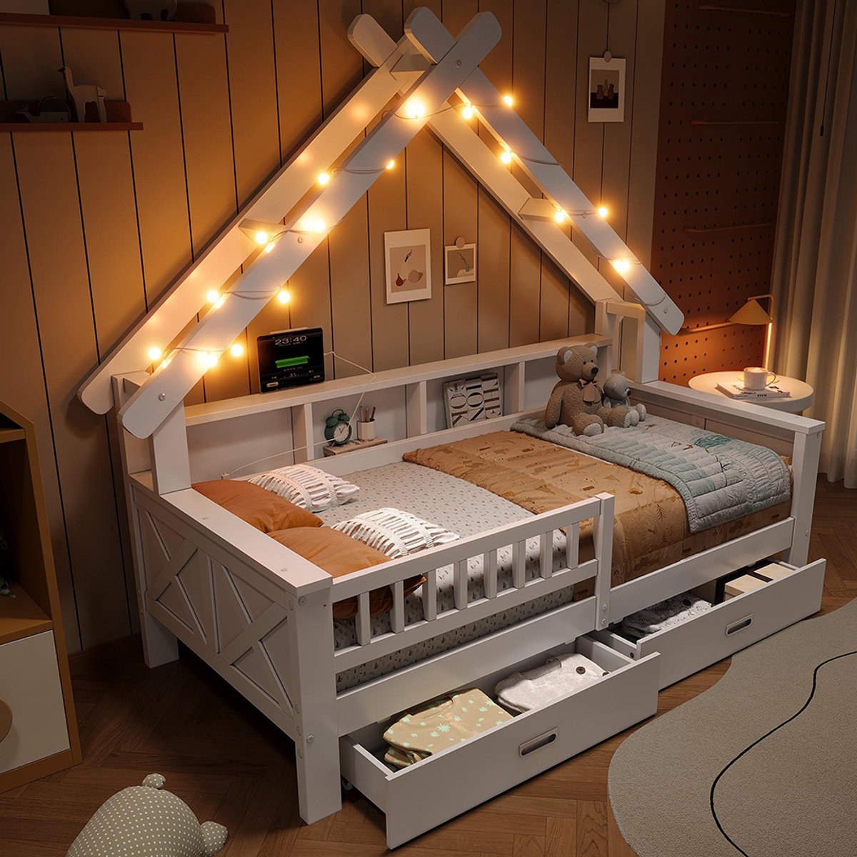 KOMHTOM Houten platformbedden in de vorm van een huis, 90 x 200 cm, met ledverlichting, opbergvakken, lades en veiligheidshekje, wit