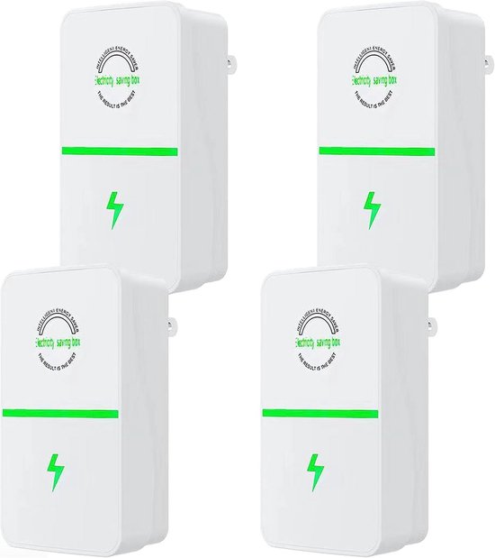 Vier witte energiemeters met groene accenten en bliksemschichtsymbool.