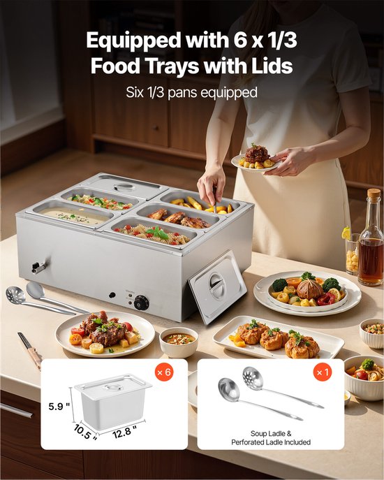 Elektrische Bain-Marie Voedselverwarmer - Chafing Dish Set - 6 x GN 1/3 Bakken - 1,5 kW - Met Deksel en Soeplepel - Voor Buffet, Catering en Feesten - RVS — afbeelding 4