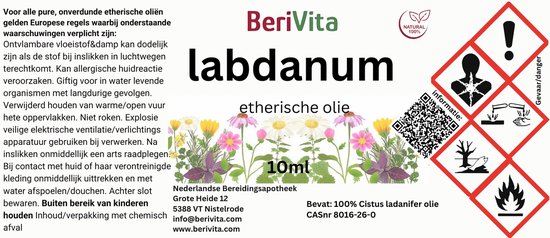 Label van BeriVita Labdanum etherische olie 10ml met waarschuwingssymbolen en bloemen.