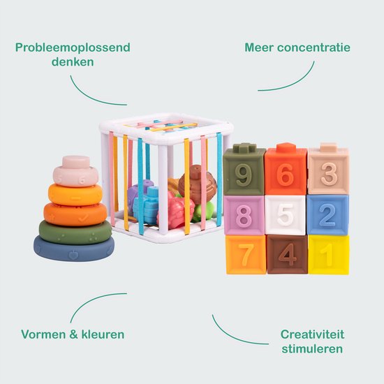 CasaBliss® Montessori Speelgoed 3-in-1 - Kinderspeelgoed- Stapelblokken, Vormenstoof & Bijtring - Baby Speelgoed 18+ Maanden - Peuter Speelgoed - Vakantie - Inclusief Opbergdoos van CasaBliss — afbeelding 4