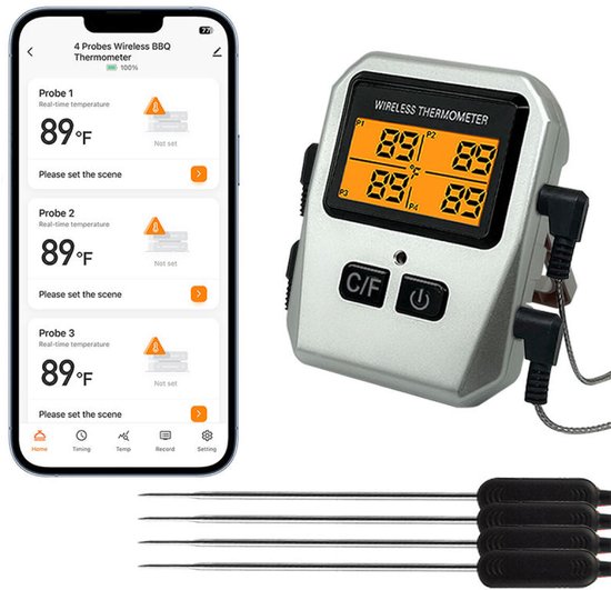 Draadloze BBQ-thermometer met display, 4 probes en smartphone-app die temperaturen weergeeft.