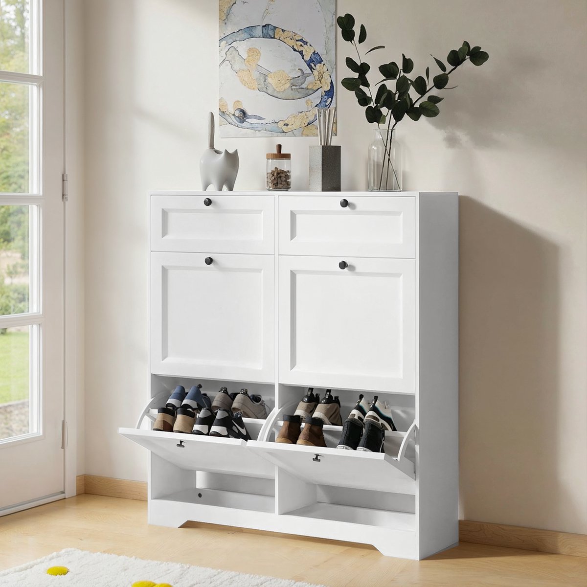 Bealife FS59 Smalle Opvouwbare Schoenenkast – met 4 deuren & 2 laden – 102×95×24 cm – Wit